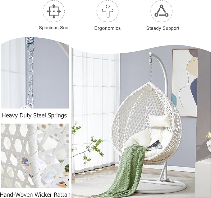 Egg Chair Indoor, Hanging Egg Chair with Stand, Rattan Wicker Swing Chair with Cushions, Swinging Chair for Bedroom Outdoor Patio Balcony Backyard Heavy Duty 350LBS,White