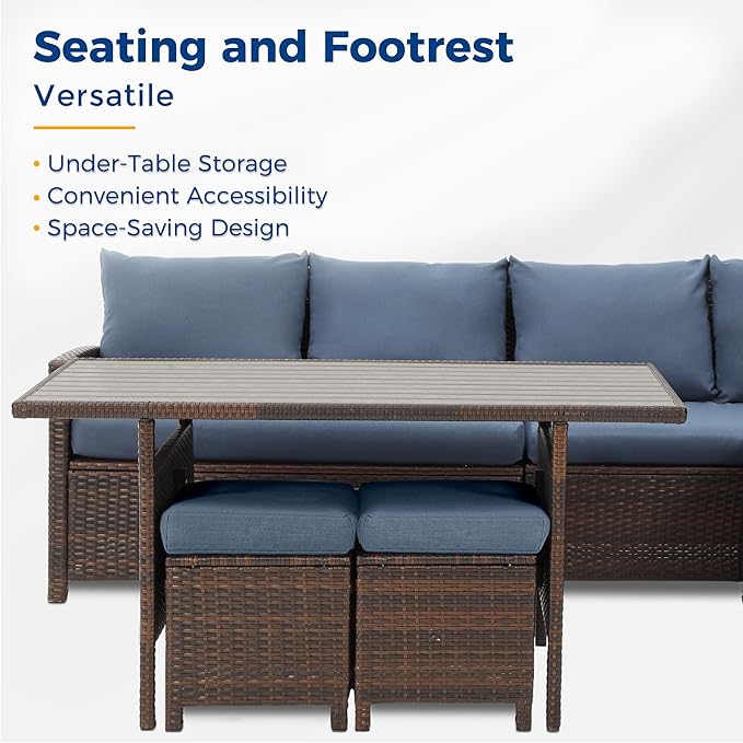 Wisteria Lane 7 Pieces Patio Furniture Set Outdoor Furniture Sectional, High Back Outdoor Patio Dining Table Set, Wicker Patio Conversation Set with Cushions for Balcony Lawn and Garden, Blue