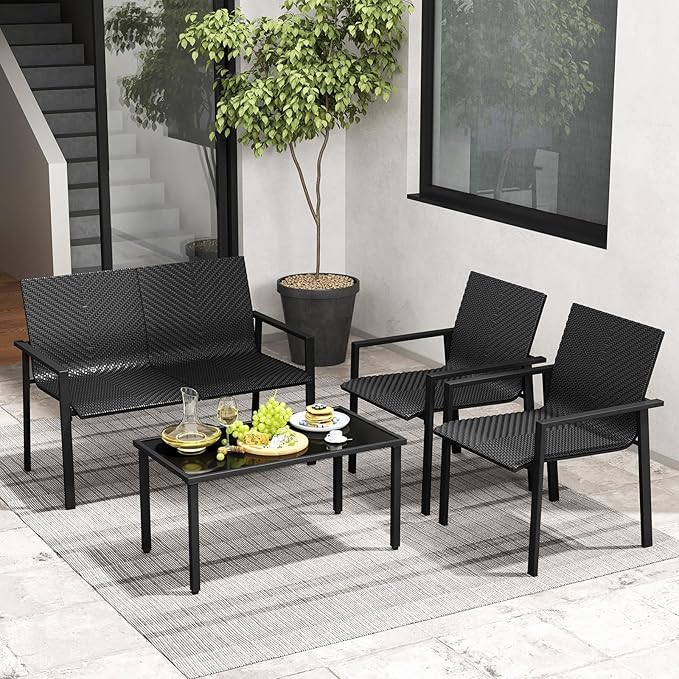 HAPPYGRILL 8 Pieces Wicker Patio Conversation Set with Coffee Table, PE Rattan Chairs with Galvanized Metal Frame, Outdoor Table and Chairs Set for Small Space, Balcony, Poolside, Backyard (Black)
