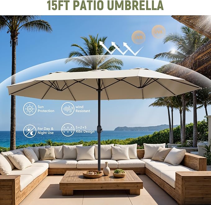 15ft Double-Sided Outdoor Patio Umbrella, Table Umbrellas with Steel Ribs, Easy Crank, Market Umbrella for Backyard & Pool