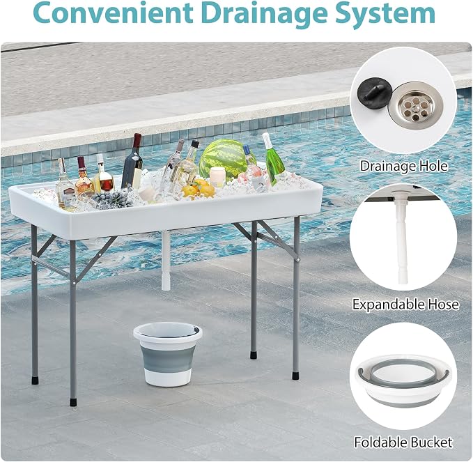 Giantex Folding Ice Cooler Table, 46'' Outdoor Chill Bar Table with Drain, Foldable Bucket & Removable Matching Skirt, for Events, Party, Camping, Buffet Beverage Server, White