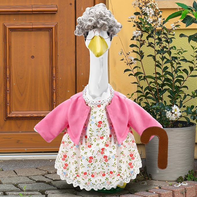 1 Set Old Lady Porch Goose Outfit for 23 Inch Goose Statues | Includes Grandma Goose Clothes with Cane, Silver Wig, Glasses and Faux Pearl Necklace for Summer Yard and Garden Displays