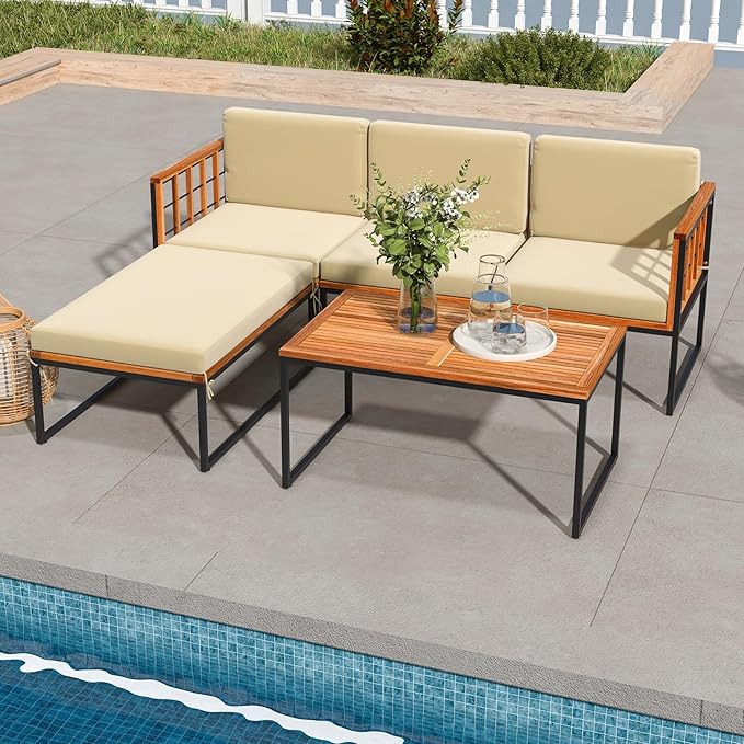 Tangkula 5 Piece Patio Furniture Set, Acacia Wood Sectional Set with Heavy-Duty Metal Frame, Comfy Seat & Back Cushions, Outdoor Wood Conversation Chair Set for Poolside, Porch, Backyard (Beige)