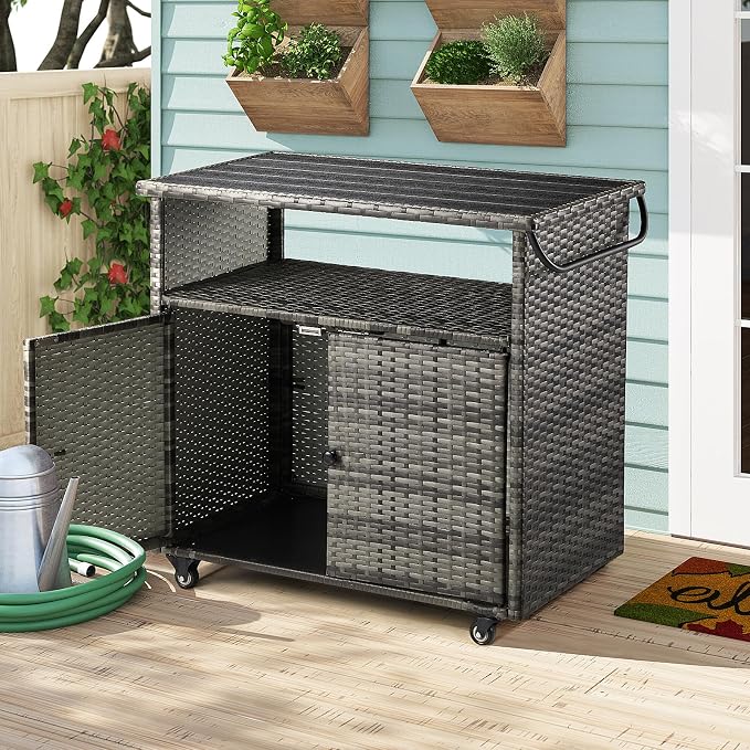 Outdoor Bar Cart, Patio Storage Grill Cart with Handles, Waterproof Liner and 4 Universal Wheels, Fade-resistant PE Rattan Storage Box for Cushions, Gardening Tools, Outdoor Deck Box, Gray