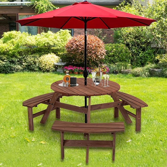 6 Person Outdoor Picnic Table with 3 Built-in Benches Round Wood Picnic Table with Umbrella Hole, Outside Picnic Tables and Bench Set for Garden,Patio, Backyard,1720LBS Total Capacity,Walnut Brown