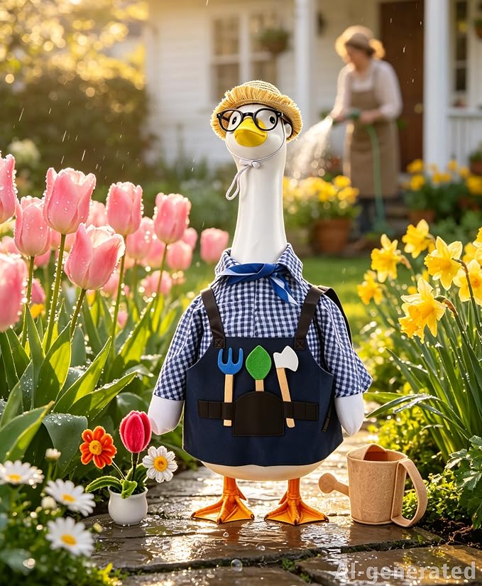 SIQUK Gardener Porch Goose Outfit Porch Goose Clothes Fit 23'' Geese Statue | Porch Goose Costume, With Hat Glasses Scarf Tools Watering Can Flower Pot, For Spring Summer Garden Yard Lawn Decor