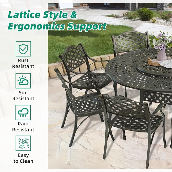 VIVIJASON 9-Piece Patio Dining Set, Rust-Free Cast Aluminum Outdoor Furniture Set, 8 Patio Dining Chairs and 61" Round Dining Table with 31" Lazy Susan, Umbrella Hole for Backyard, Patio, Garden