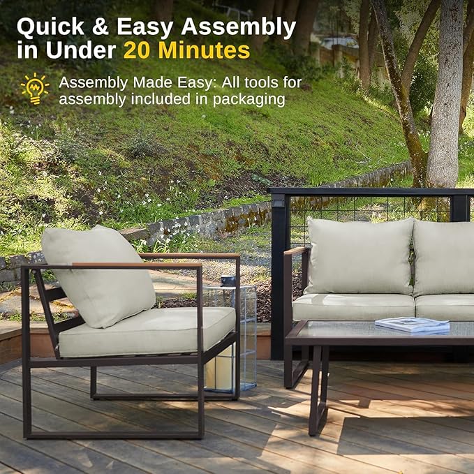 EAST OAK Courtyard Patio Furniture Set, 4-Piece Outdoor Patio Set with Sofa, Removable & Washable Deep Seating Cushion, Tempered Glass Table, Outside Patio Conversation Sets, Black & Dark Grey
