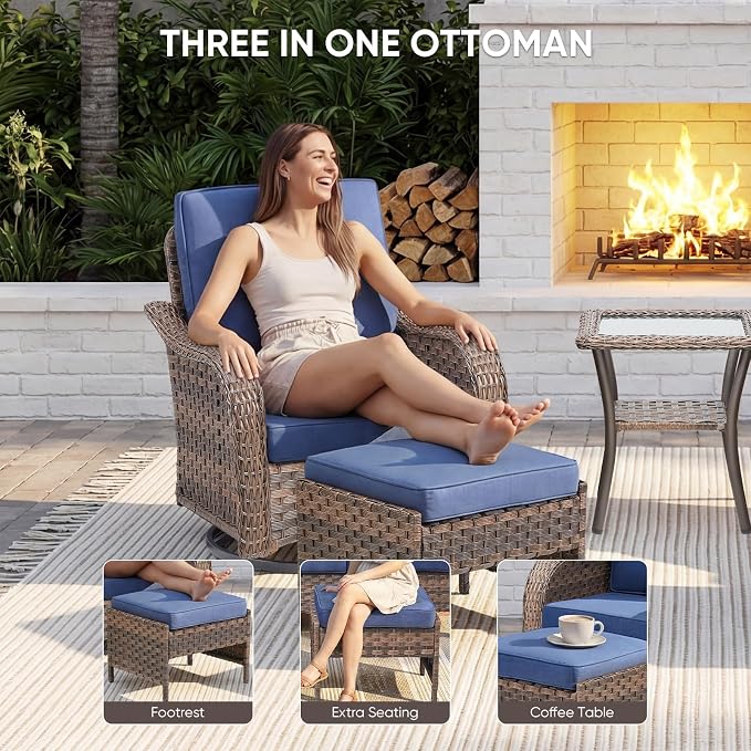 Patio Wicker Swivel Chairs -3 Piece Outdoor Swivel Rocking Chairs with Rattan Side Table, Ergonomic Design for Porch, Deck, Balcony, Garden, and Backyard(Blue)