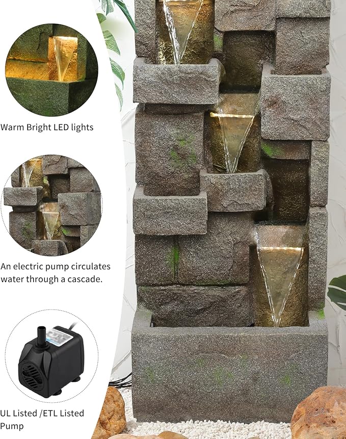 48.6" Water Fountain Outdoor Floor-Standing Garden Fountains with LED Lights 3 Tier Modern Waterfall Fountain Decor Rock Fountain for Patio Garden Yard Backyard Porch Home Art Decor, Yellow
