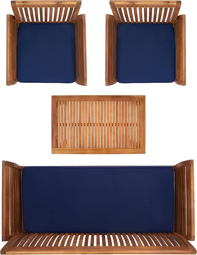 SAFAVIEH Outdoor Collection Carson Natural/ Navy Cushions 4-Piece Conversation Patio Set