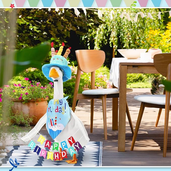 Abbylike 4 Pcs Happy Birthday Porch Goose Outfit for 23" Statues Poseable Porch Goose Wings Birthday Cake Hat for Lawn Patio Outdoor Geese Statue Decoration Accessories(Blue,Bib Style)