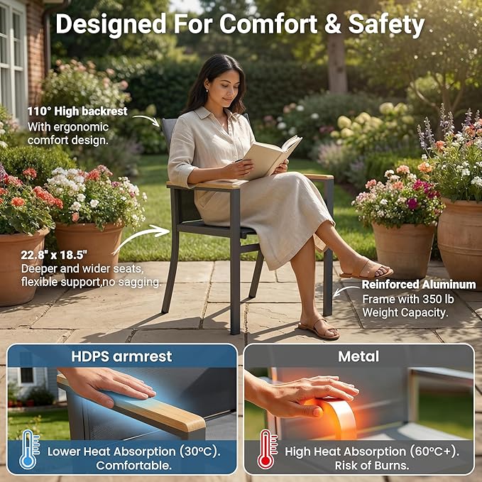 5-Pieces Aluminum Patio Table and Chairs Set, Outdoor Patio Furniture Set with Heavy Duty HDPS Round Table, All-Weather Outdoor Dining Set with Breathable Quick-Drying Textilene Chairs for Patio