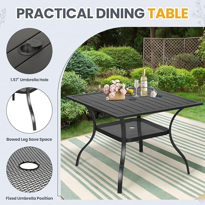 5-Piece Patio Dining Set,4 Person Outdoor Table and Chairs Set, 4 Metal Dining Chairs and Square Outdoor Table with 1.57" Umbrella Hole,Black