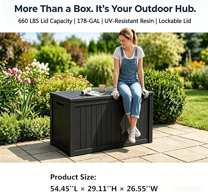 178 Gallon Resin Deck Box with Gas Lift Support – Outdoor Storage for Patio Furniture, Garden Tools & BBQ Accessories – Weatherproof Wood Grain Design with 660 Lbs Bench Seat (Lockable Lid)