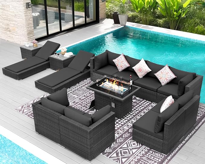 NICESOUL 13 Piece Outdoor Seating with Fire Pit Table, High-End Wicker Patio Furniture Set with Chaise Lounge, Comfy 29.3'' High Back Deep Sectional Sofa, All-Weather Backyard Sitting Area, Dark Grey