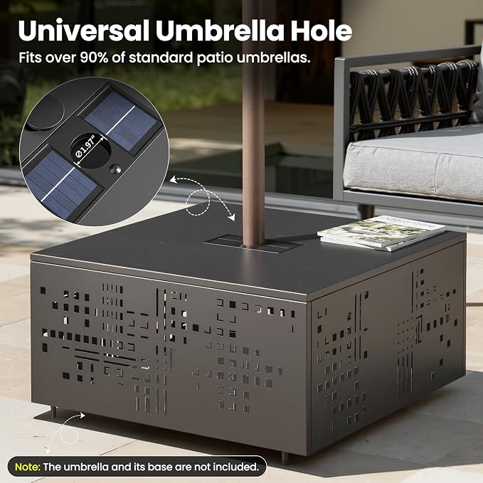 ovios 27" Outdoor Coffee Table with Solar Light, Patio Metal Table with Umbrella Hole and Cut-Out Design, Weatherproof Square Side Tables for Deck Porch Balcony Garden Backyard, Grey