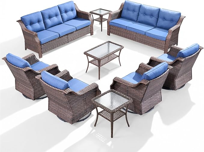 Outdoor Swivel Rocking Chair Set (9-Piece), Rocking Chair with Sofa and Coffee Table Set, Crafted from PE Rattan with an Elegant Side Table, Ideal for Gardens and Patios, Brown/Blue