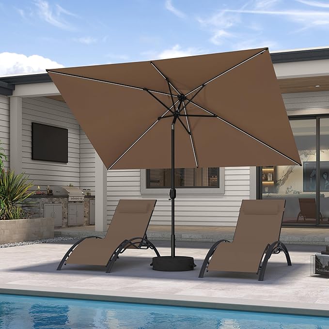 PURPLE LEAF 6.5' x 10' Rectangular Patio Umbrella with Solar LED Outdoor Table Umbrella Aluminum Frame Market Umbrella Sun Umbrella for Garden Deck Lawn Pool Taupe