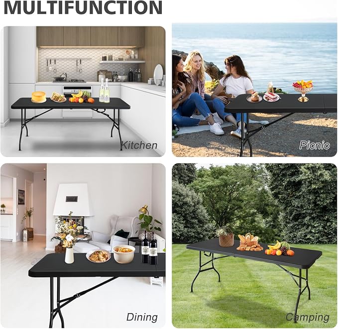 Portable 6Ft Folding Table, Heavy Duty Plastic Fold-in-Half Utility Foldable Dining Table, Multi-Purpose Plastic Folding Table with Carrying Handle for Camping and Party Indoor/Outdoor (Black)