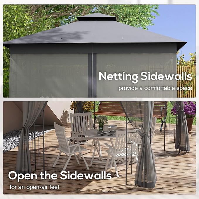 Outsunny 10' x 11.5' Metal Patio Gazebo, Double Roof Outdoor Gazebo Canopy Shelter with Tree Motifs Corner Frame and Netting, for Garden, Lawn, Backyard, and Deck, Gray