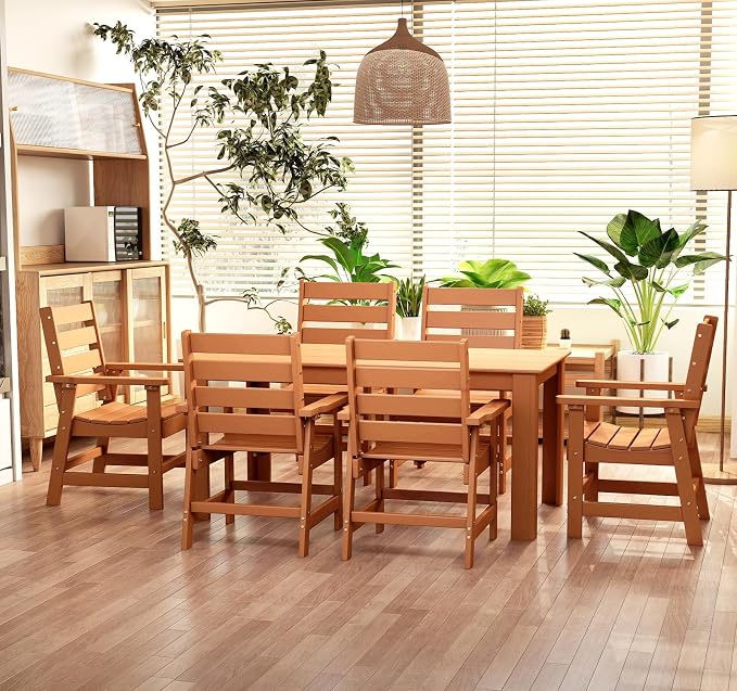 BRIOPAWS Outdoor Dining Table | HDPE | 67” Patio Rectangle Tables | All Weather | Umbrella Hole | Patio Furniture Set for 4-6 Person | Teak