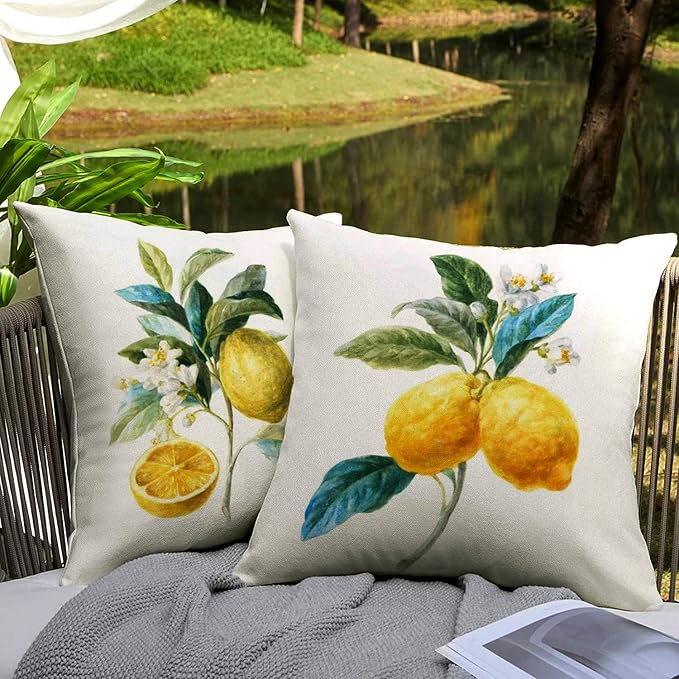 HUASHUZI Summer Pillow Covers Outdoor Waterproof Lemon Decor Yellow Cushions Throw Pillows Case 18x18 Inch Set of 4 Patio Furniture Pillows Decorative for Home Garden Sofa Couch