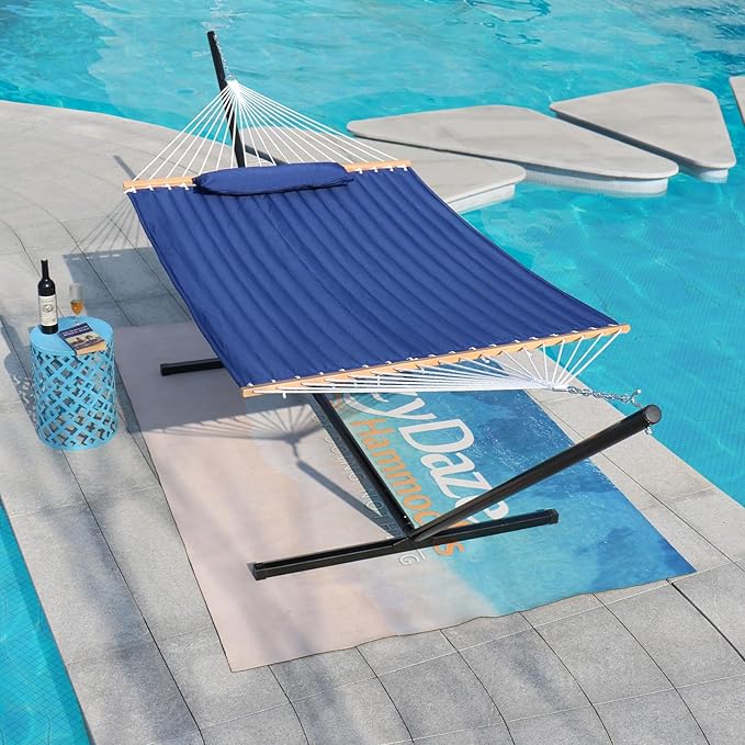 Lazy Daze Hammocks Double Quilted Hammock with Stand for Outside, 15 FT Heavy Duty Steel Stand, 2 Person Hammock for Porch Patio Garden Backyard, Max 450 lbs Capacity, Blue