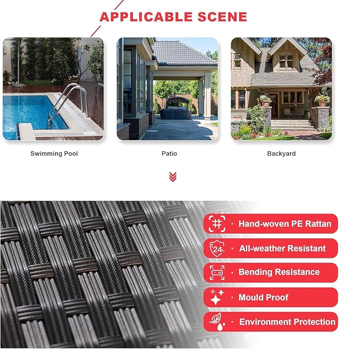 Kullavik 9 Pieces Outdoor Patio Furniture Set,Outdoor Sectional Rattan Sofa Set Brown PE Rattan Wicker Patio Conversation Set with Tempered Glass Coffee Table and Washable Cushions Covers,Red