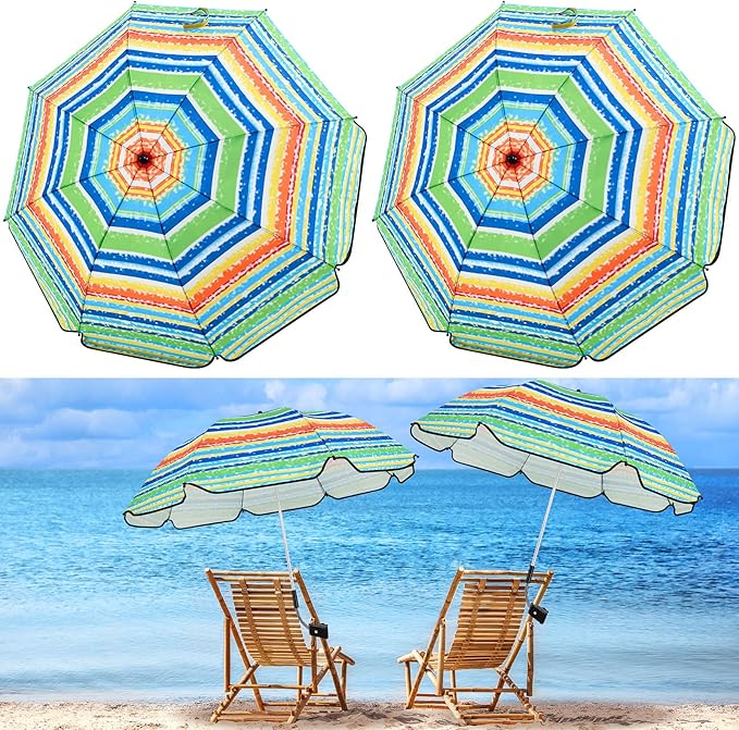 Buryeah 2 Pcs Beach Chair Umbrella Automatic with Universal Adjustable Clamp 44" UPF 50+ Portable Clamp on Beach Chair for Wheelchair Patio Golf Carts Camping