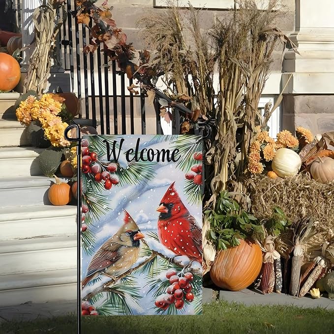 Winter Cardinal Garden FLag 12X18 IN Double Sided Welcome Winter Garden Flags for Xmas Holiday Farmhouse Yard Outside Decoration