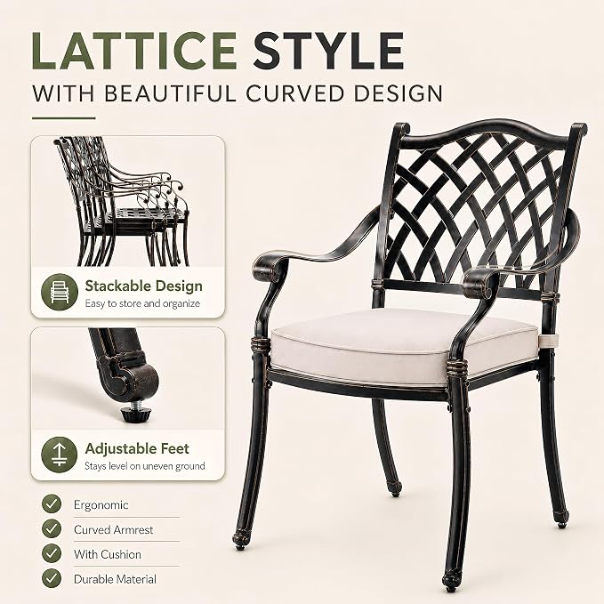 5 Piece Outdoor Dining Set Cast Aluminum, Retro Patio Dining Furniture Set for 4 Includes 54’’ Round Table 4 Chairs with Thicker Cushion and Umbrella Hole for Patio Deck Garden