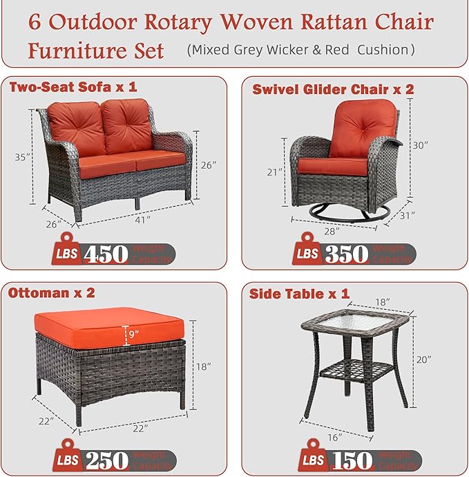 6-Piece Outdoor Patio Conversation Set, All Weather Wicker Rattan Conversation Set with Ottomans, Outdoor Swivel Rocking Chair with Coffee Table for Patio, Porch,Red