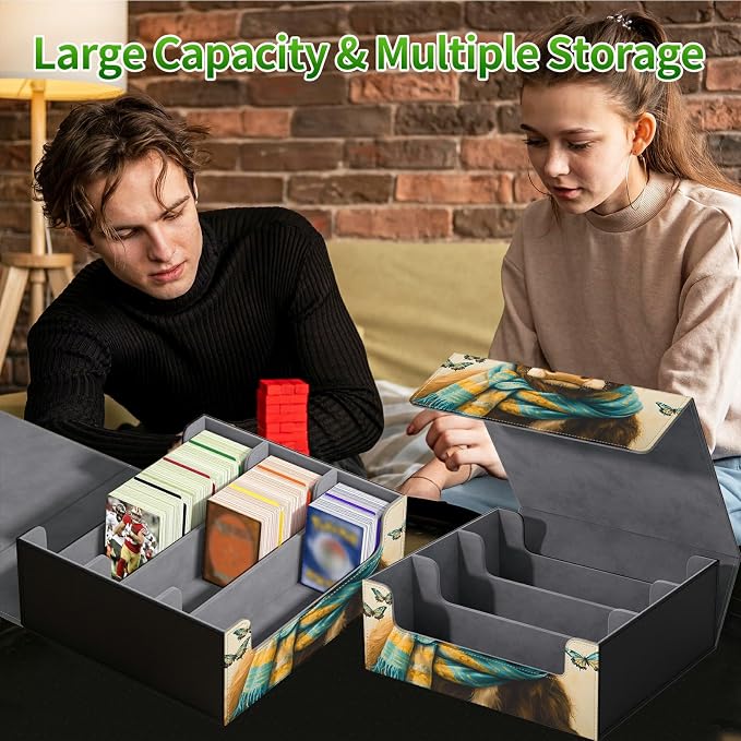 Large Card Deck Box for MTG, Fits 1200+ Sleeved Cards, PU Leather Storage Case with Strong Magnetic Closure, Multiple Colors Available for TCG CCG Baseball Card Collections, Blue Towel Cow