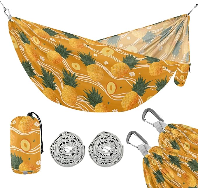 Camping Hammock Outdoor Hammocks for Outside Orange Pineapple Cute Beach Trees Portable Lightweight with Pockets Tree Straps Indoor