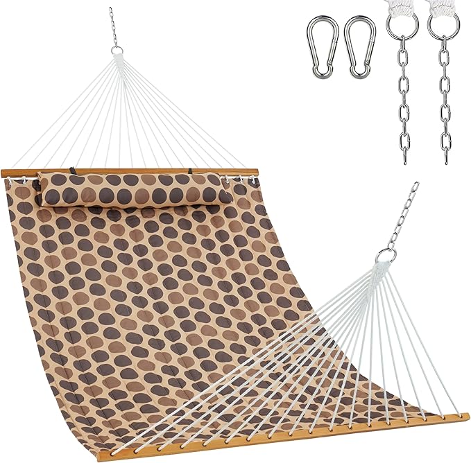 Lazy Daze Hammocks 12FT Quilted Fabric Hammock with Soft Pillow, Double 2 Person Tree Hammock with Spreader Bar for Outside Patio Poolside Backyard Beach, 450 lbs Capacity, Amber Dots