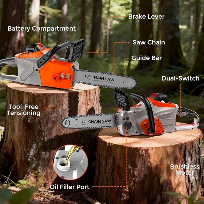 Battery Powered Chainsaw,12" & 16" Dual Guide Plate.21V Electric Cordless Chainsaw with 2 Batteries and Charger.Brushless Chain Saw Kit with Safety Goggles and Gloves for Tree Pruning and Wood Cutting