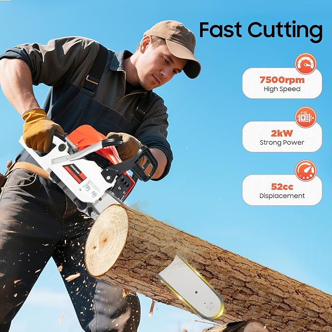 20 Inch Gas Powered Chain Saws 52CC Single Cylinder 2 Stroke Gasoline Chainsaw Self-reset Pull Start Handheld Gas Chainsaw Air-cooled for Forest Felling Tree Pruning Wood Cutting