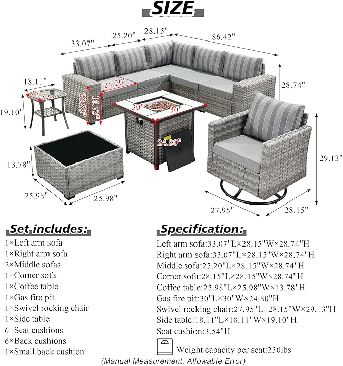 HOOOWOOO Outdoor Patio Sectional Furniture Sofa Set with Propane Gas Fire Pit Table,9 Piece Modern Wicker Couch with Swivel Chair,Modular L Shaped Conversation Seating Set with Wide Arm(Grey Strips)