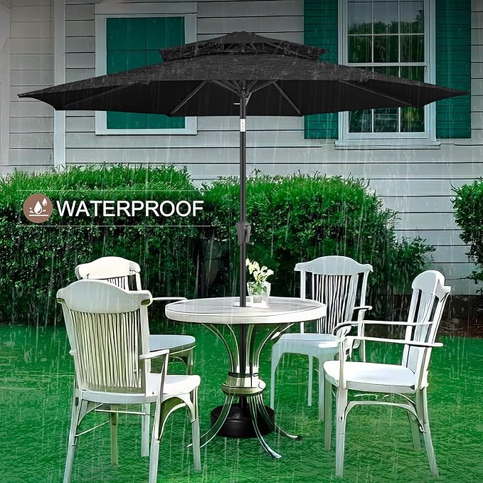 FLAME&SHADE 9ft Patio Umbrella - 2 Tiers Outdoor Umbrella with Push Button Tilt and Crank for UV Protection, Table Market Umbrella for Garden, Deck, Backyard, Pool and Beach(Black)
