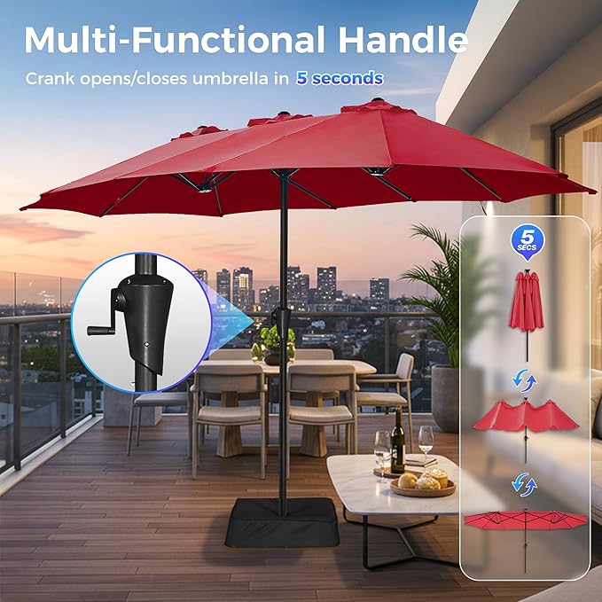SUPERJARE 13FT Outdoor Patio Umbrella with Base Included, Double Sided Pool Umbrellas with Fade Resistant Canopy, Large Table Umbrella for Deck, Market, Backyard - Burgundy