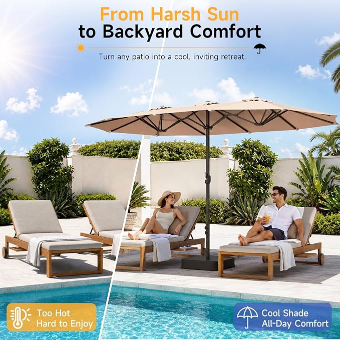 ONBRILL 15ft Patio Umbrella with Base Included, Extra Large Shade Area, Double Sided Rectangle with Crank Handle for Poolside, Garden, Yard, Beige