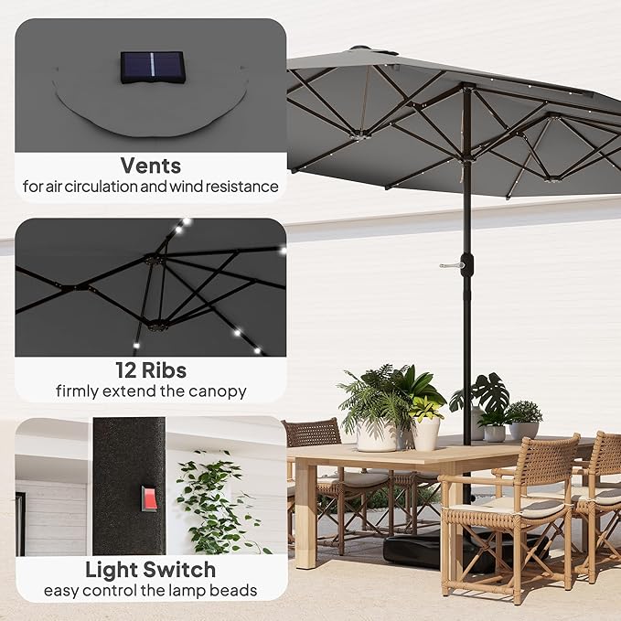 Outsunny 14.4ft Large Patio Umbrella with 36 Solar LED Lights, Double Sided Outdoor Umbrella with Base Included