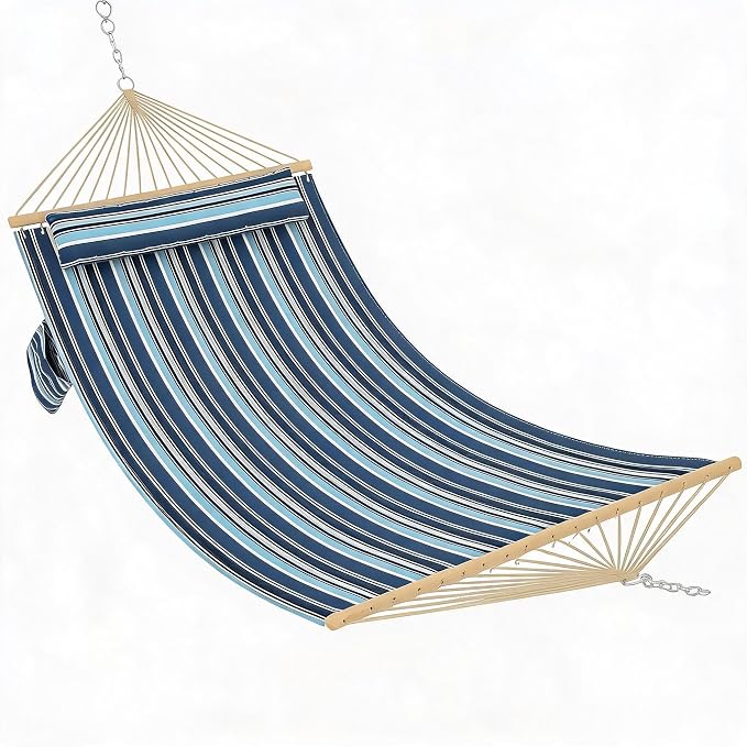 Garvee Double Quilted Fabric Hammock with Hardwood Spreader Bars and Pillow 450 LBS Capacity 2 Person Large Hammock for Outdoor Patio Backyard Poolside（Dark and Light Blue Stripes）