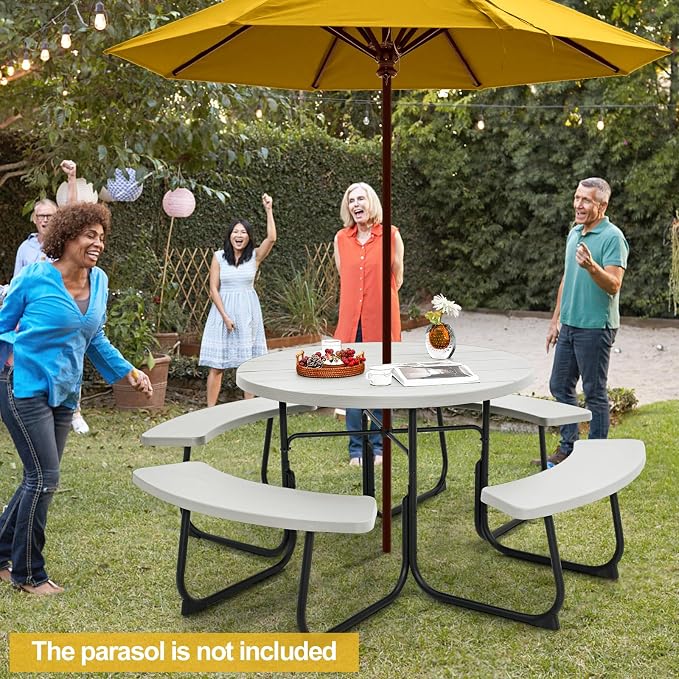 Round Picnic Table for 8 Person, Outside Table Bench Set w/ 4 Built-in Benches, Umbrella Hole, HDPE Top & Metal Frame, 2000LBS Capacity Outdoor Picnic Table for Garden, Porch, Patio (White)