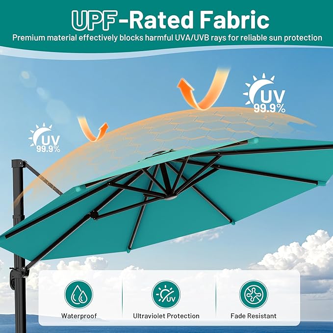 AreShark 11FT Round Cantilever Patio Umbrella with Base Included, 360° Rotation Offset Outdoor Umbrella, 5 Tilt Settings Heavy Duty Hanging Parasol for Deck Garden Pool, Peacock Blue