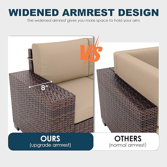Patio Furniture Set, 12 Pieces Outdoor Sectional Sofa Conversation Sets with Waterproof Cover Modern Wicker Seating Set, 4'' Thickened Cushions & 2 Glass Coffee Table, Beige