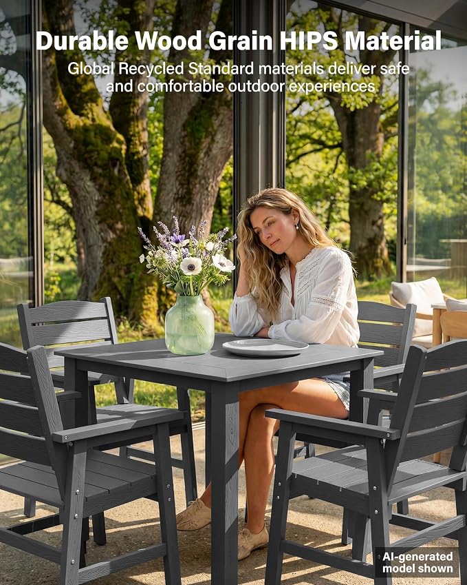 YEFU HIPS Patio Dining Sets: 8-Piece All-Weather Outdoor Table and Chairs with Aluminum Frame & Wood Grain Tabletop - Low-Maintenance Patio Dining Set for 6 Modern Furniture for Family with Deck Grey