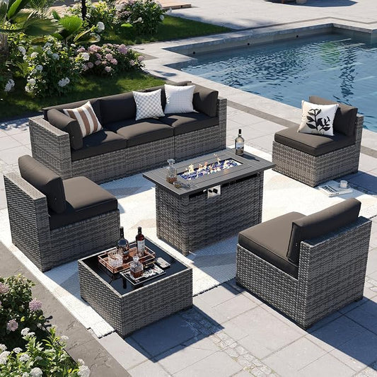 Aoxun Patio Furniture Sets, 8-Piece Outdoor Patio Furniture with 44'' Propane Gas Firepit Table, Wicker Outdoor Conversation Set Sectional Sofa for Backyard, Poolside, Garden