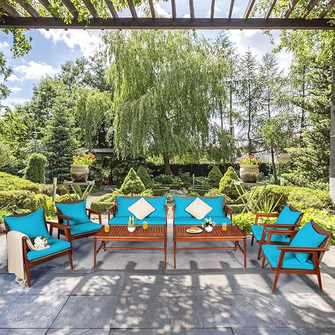 Tangkula 8 PCS Patio Wood Sofa Set, Outdoor Acacia Wood Seating Chat Set with Cushions & Coffee Table, Sectional Conversation Sofa Set for Garden, Backyard, Poolside (2, Turquoise)